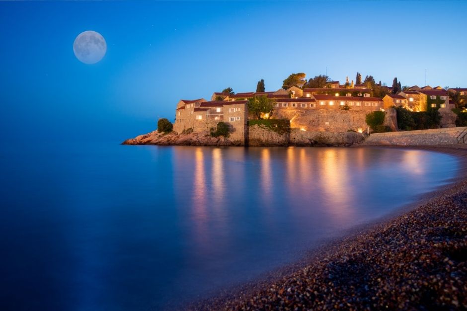 Sveti Stefan Island at night